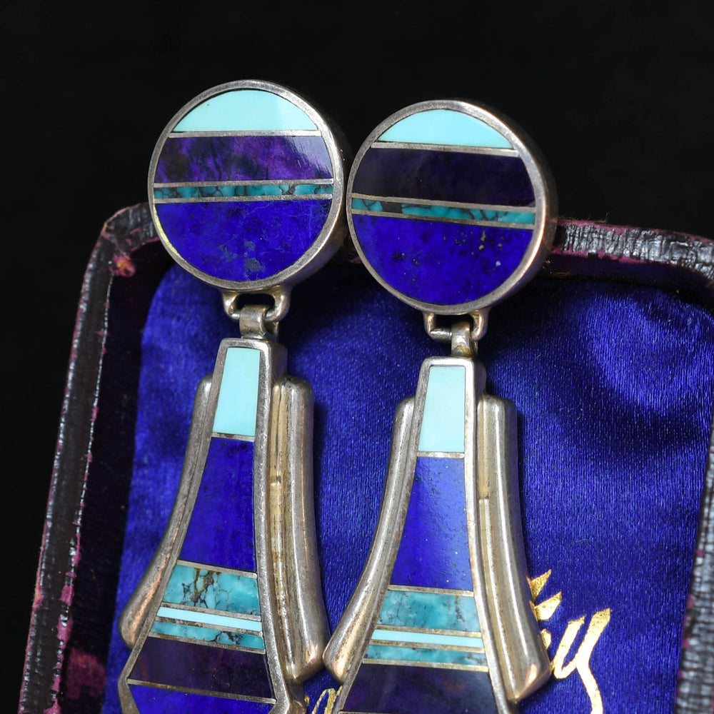 1920's Silver Lapis, Turquoise & Agate Inlay Drop Earrings