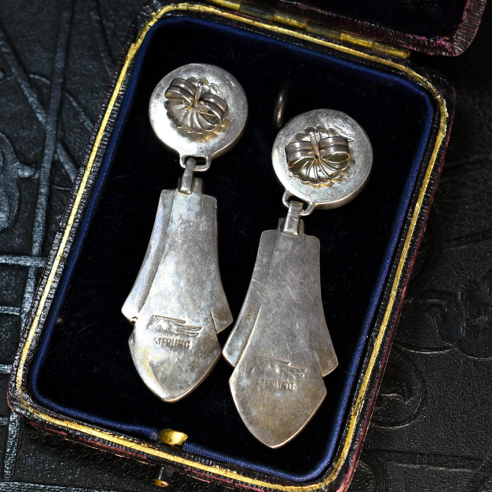 1920's Silver Lapis, Turquoise & Agate Inlay Drop Earrings