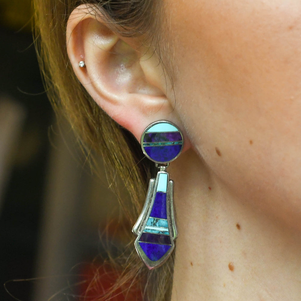 1920's Silver Lapis, Turquoise & Agate Inlay Drop Earrings