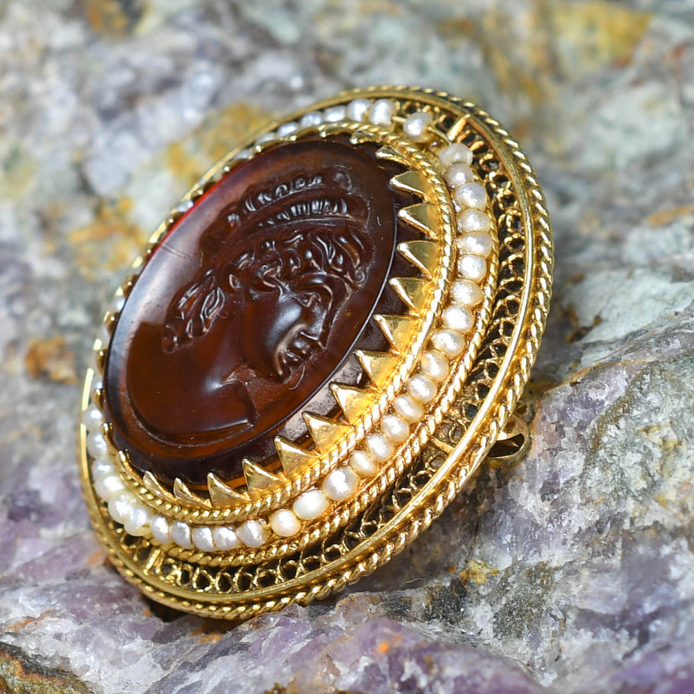Etruscan Revival Tassie Intaglio & Pearl Brooch