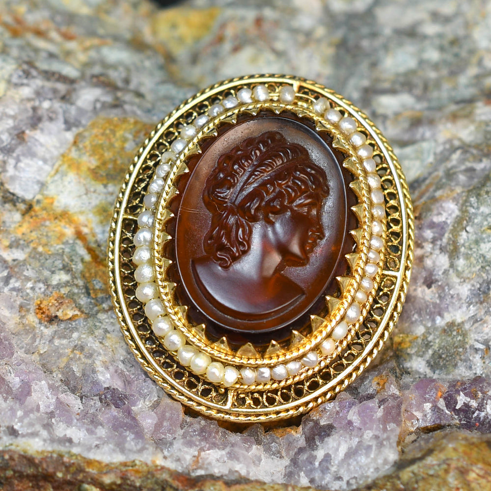 Etruscan Revival Tassie Intaglio & Pearl Brooch