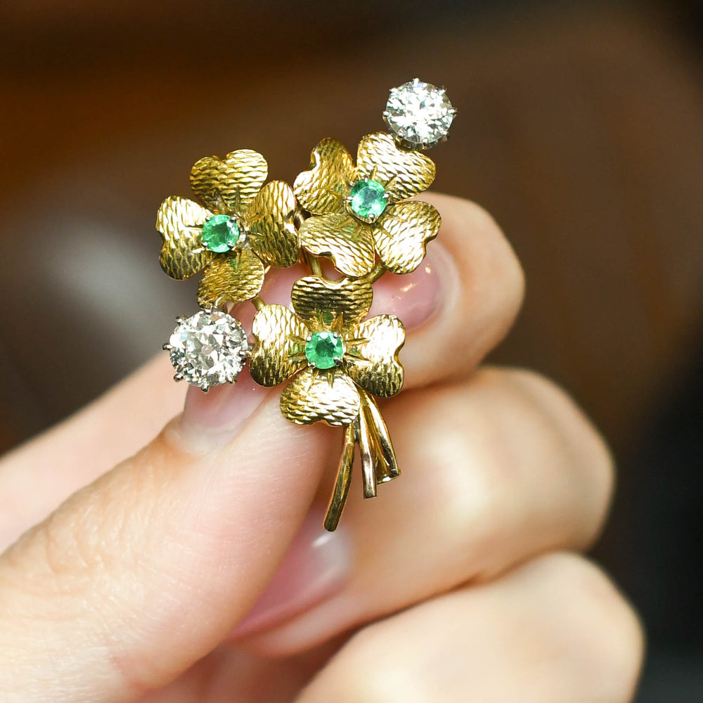 Antique French Emerald & Diamond Flower Bunch Brooch