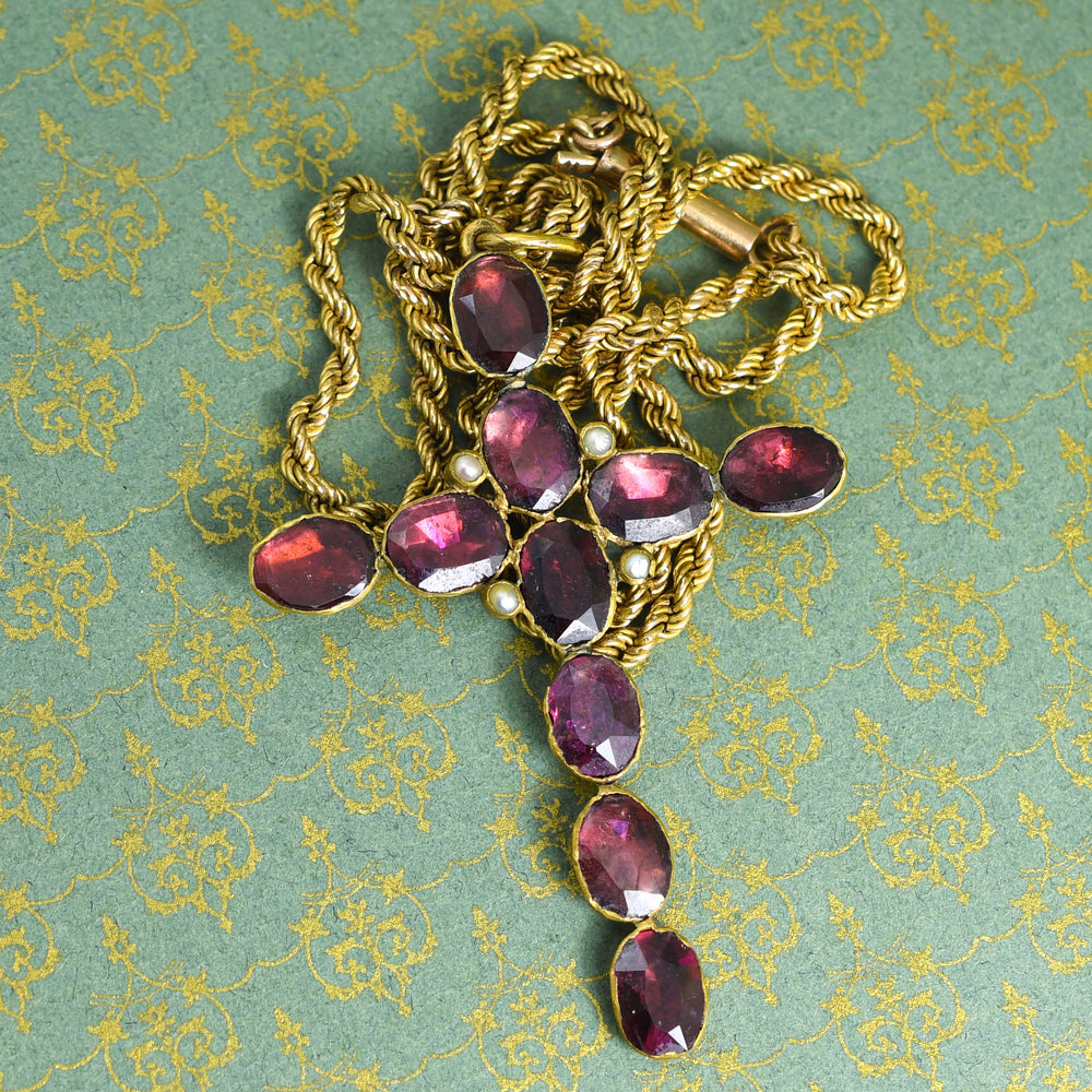 Georgian Garnet & Pearl Cross Pendant with Gold Chain