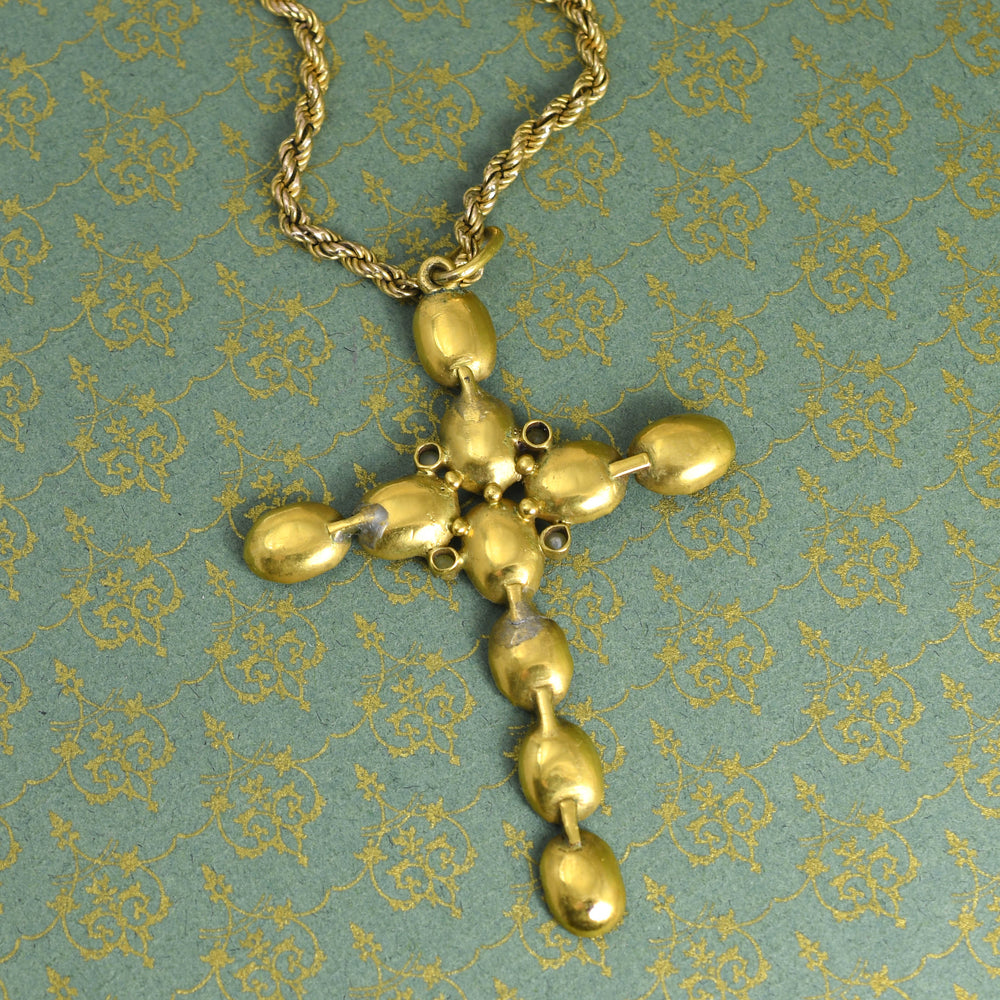 Georgian Garnet & Pearl Cross Pendant with Gold Chain
