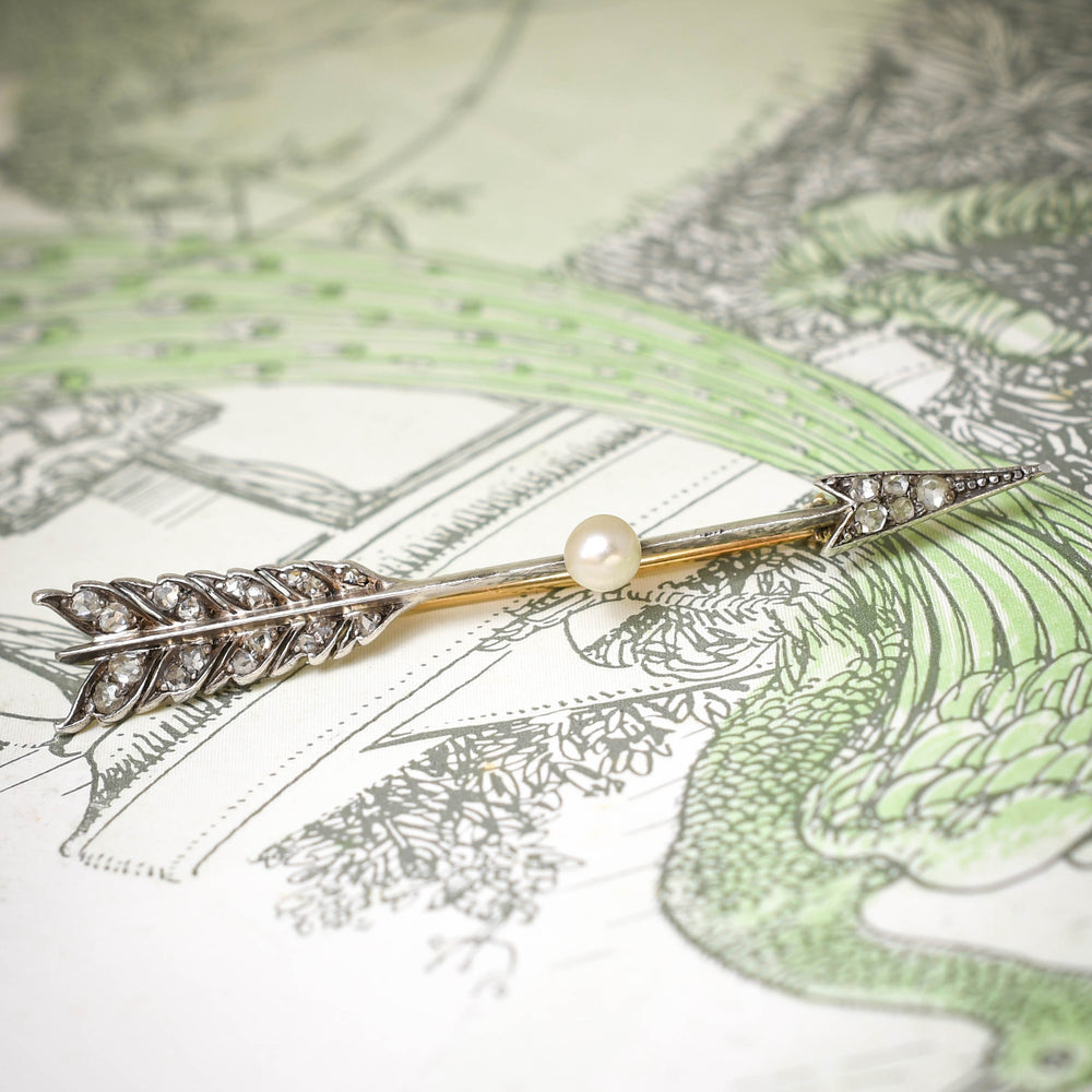 Antique Rose Cut Diamond & Pearl Arrow Brooch