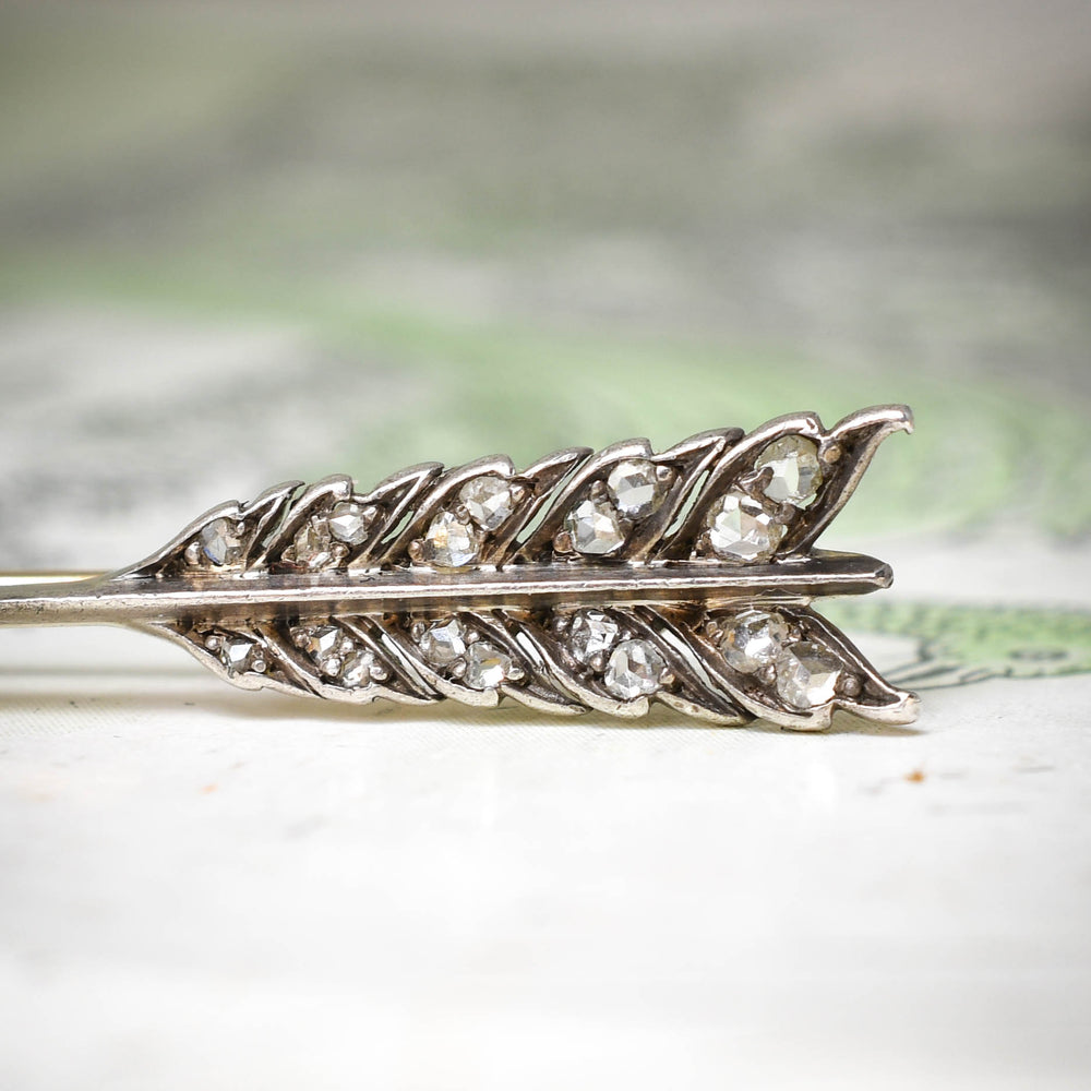 Antique Rose Cut Diamond & Pearl Arrow Brooch