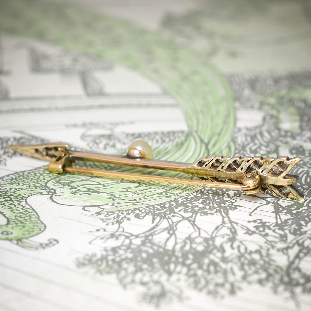 Antique Rose Cut Diamond & Pearl Arrow Brooch
