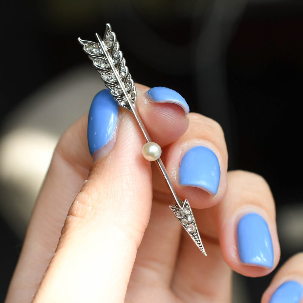 Antique Rose Cut Diamond & Pearl Arrow Brooch