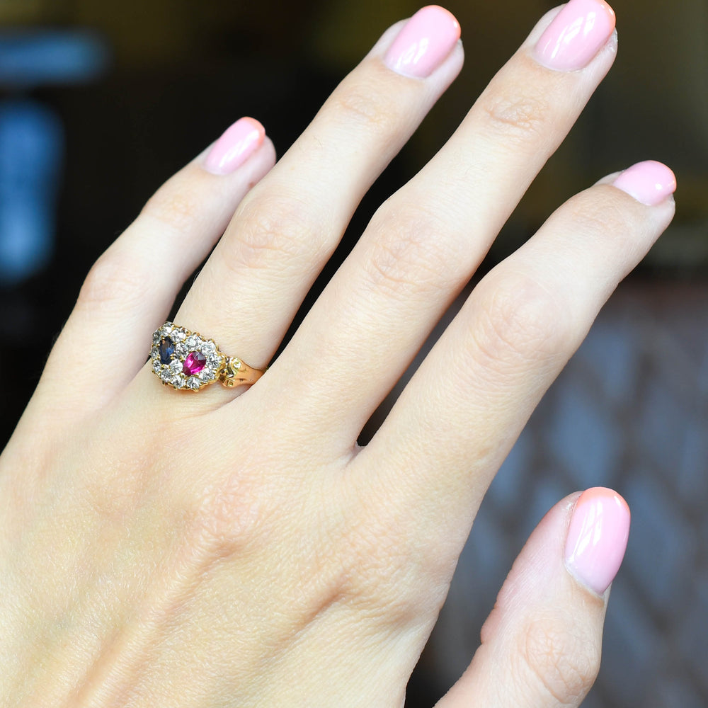 Victorian Diamond, Ruby & Sapphire Double Heart Ring
