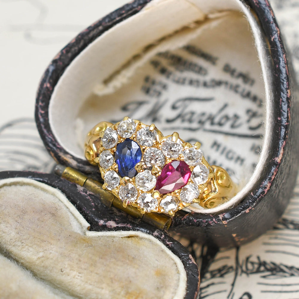 Victorian Diamond, Ruby & Sapphire Double Heart Ring