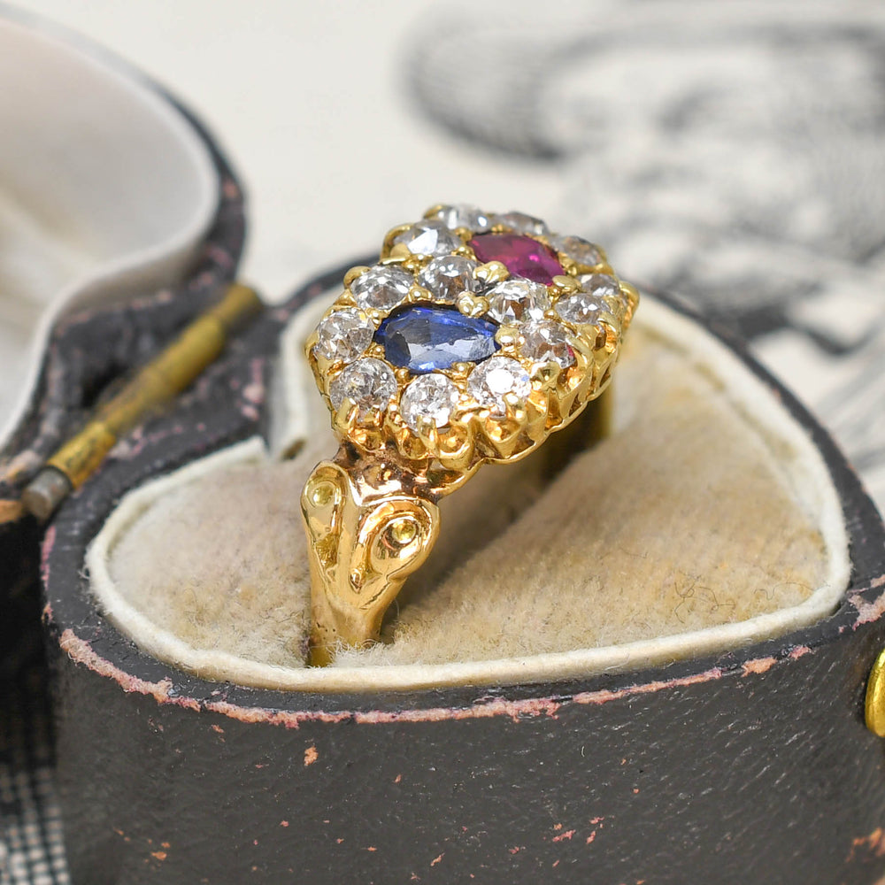 Victorian Diamond, Ruby & Sapphire Double Heart Ring
