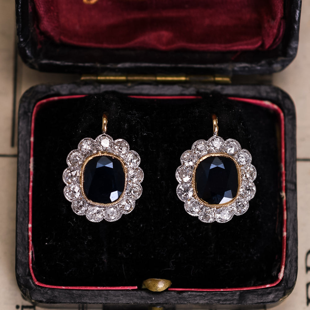 Edwardian Sapphire & Diamond Flower Cluster Earrings
