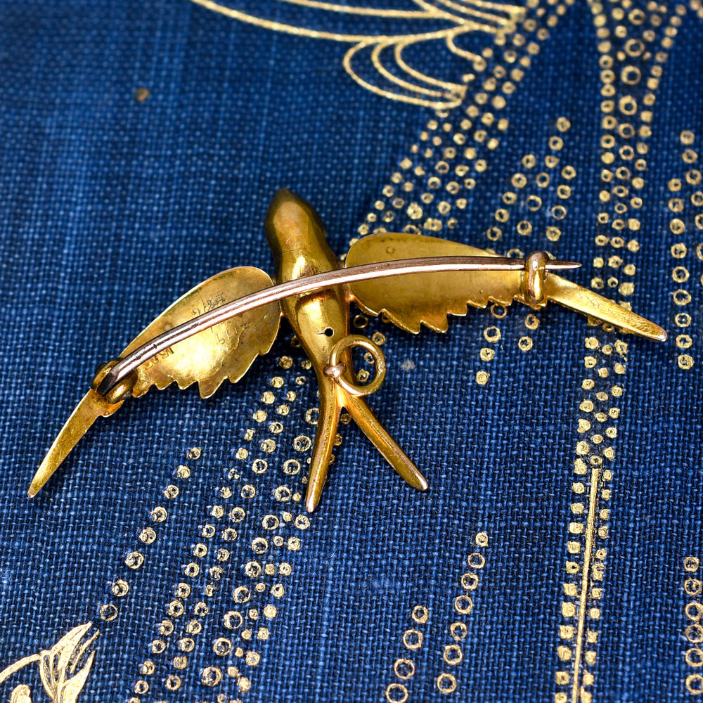 Antique 15k Gold Diving Swallow Pendant Brooch