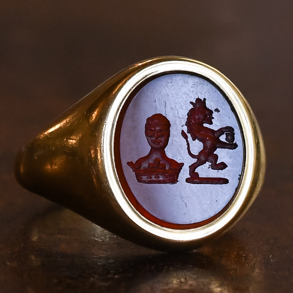 Antique Heraldic Combined Crest Intaglio Signet Ring
