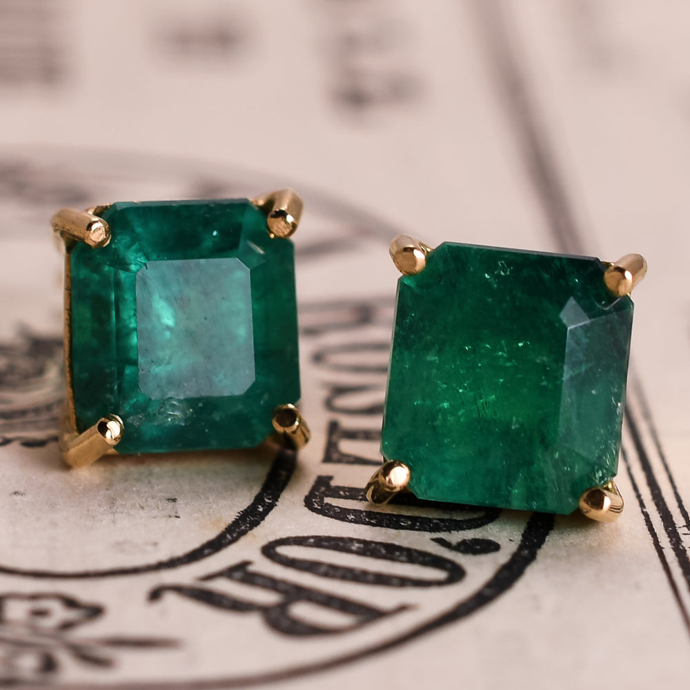 Vintage Emerald Solitaire Stud Earrings