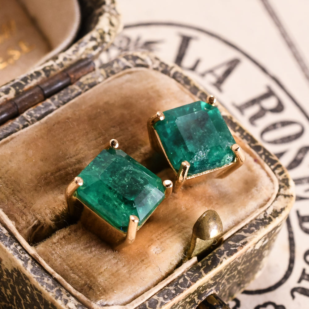 Vintage Emerald Solitaire Stud Earrings