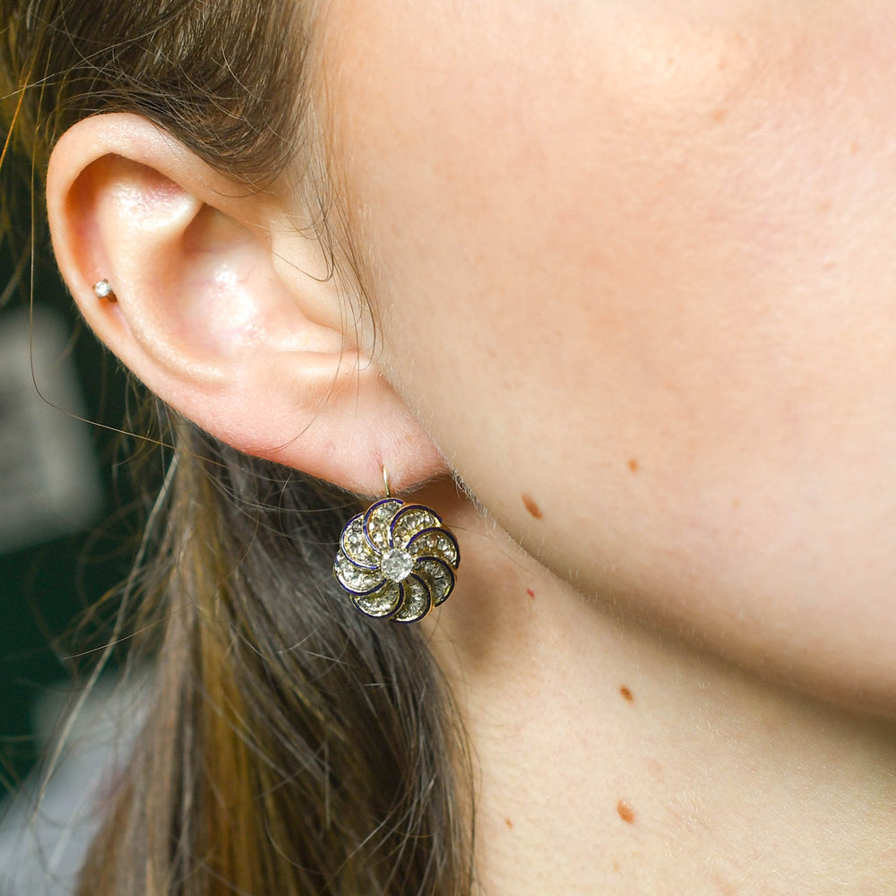 Antique Boxed Diamond & Enamel Cluster Demi-Parure