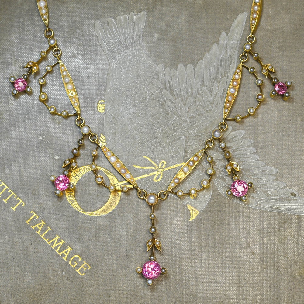 Edwardian Pink Tourmaline & Pearl Swag Necklace