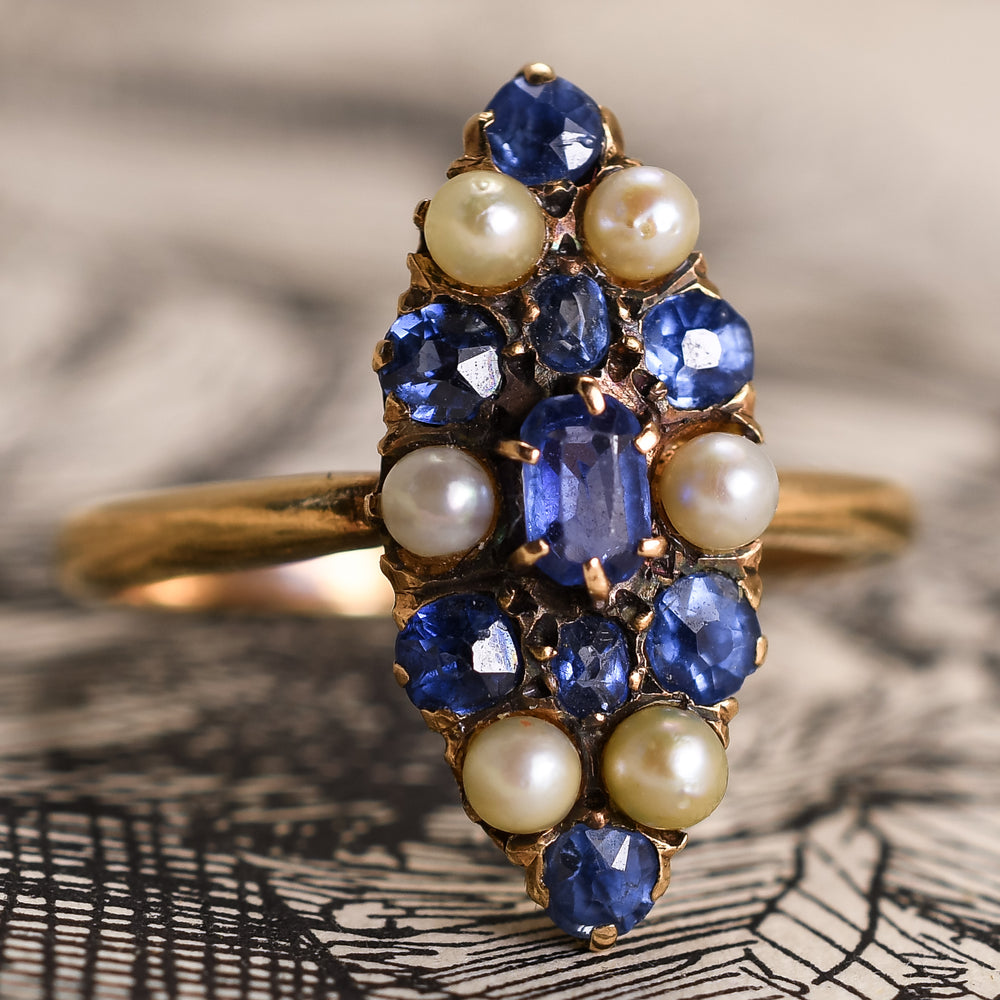 Victorian Sapphire & Pearl Navette Ring