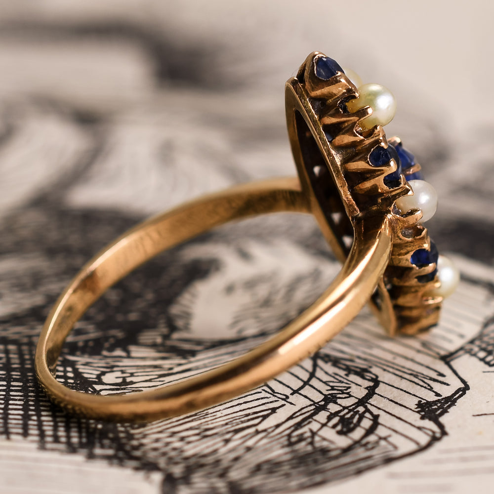 Victorian Sapphire & Pearl Navette Ring