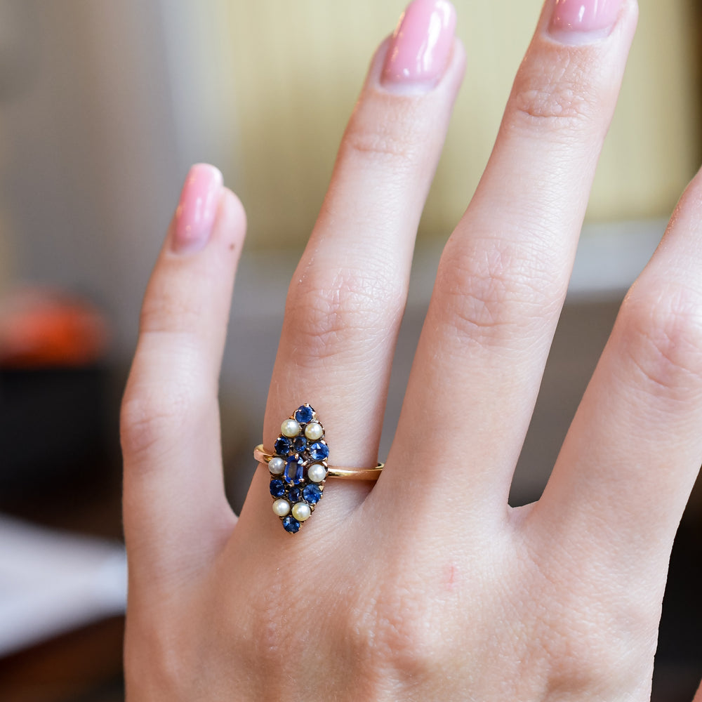 Victorian Sapphire & Pearl Navette Ring