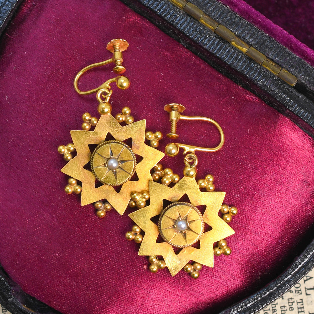 Etruscan Revival Pearl 15k Star Earrings