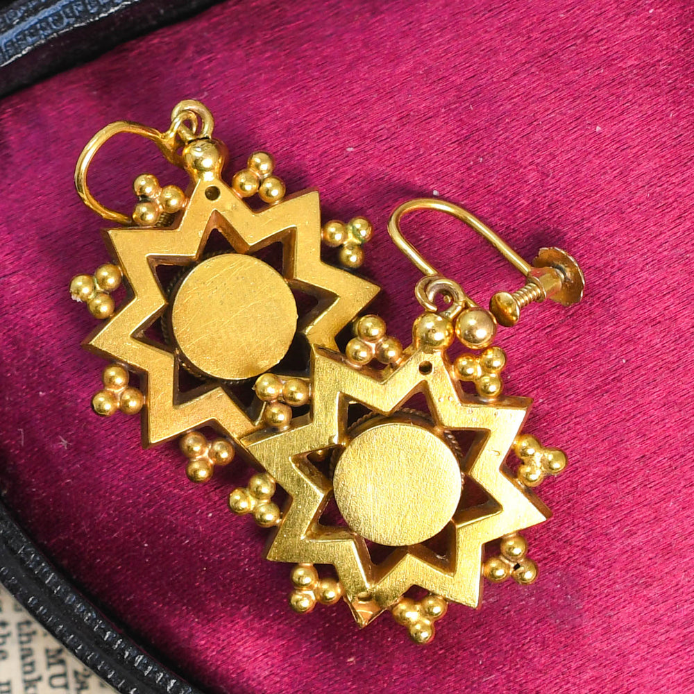Etruscan Revival Pearl 15k Star Earrings