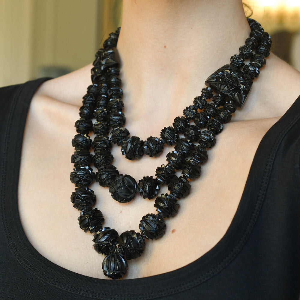 Victorian Caved Whitby Jet Layered Necklace