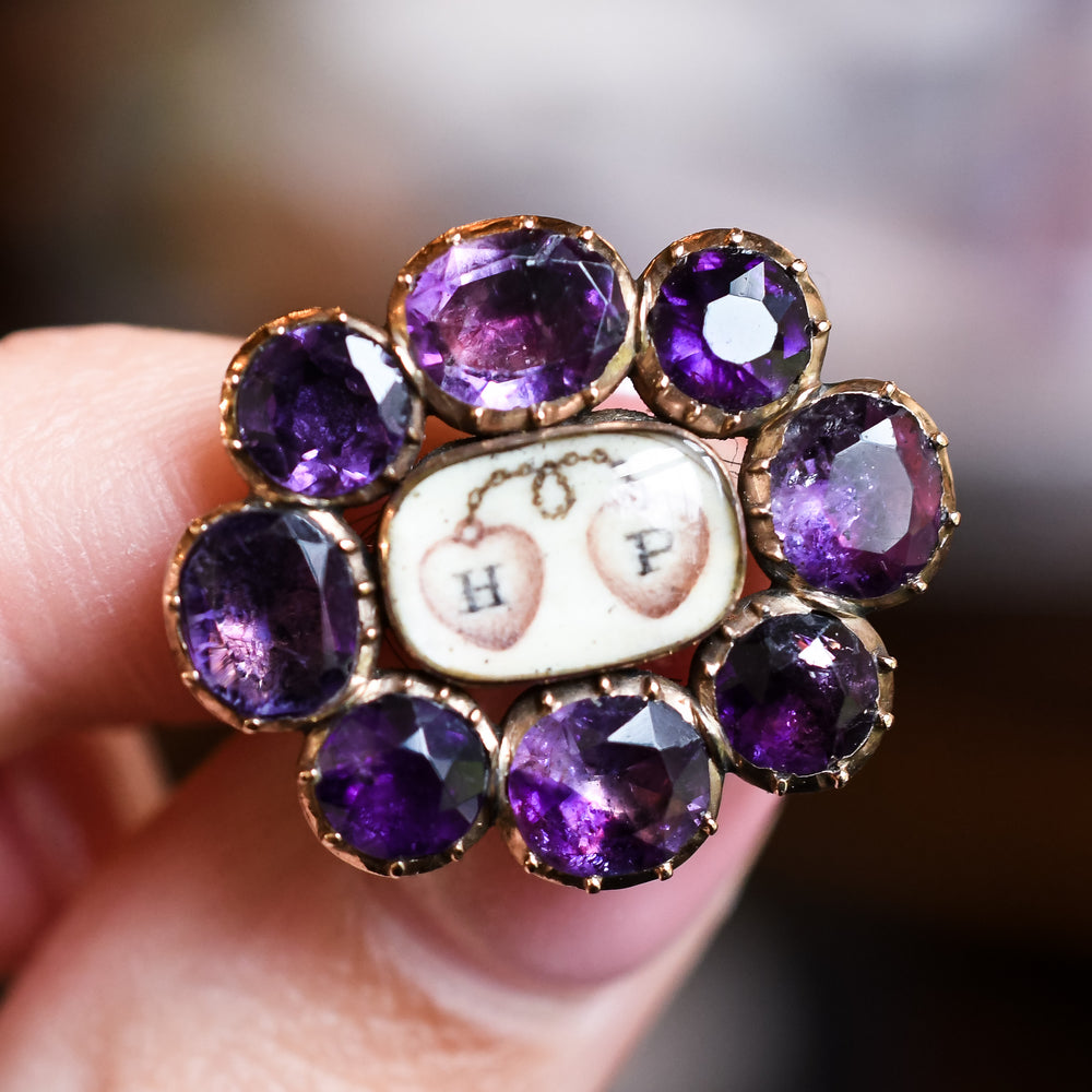 Georgian Amethyst Entwined Hearts Memorial Pin