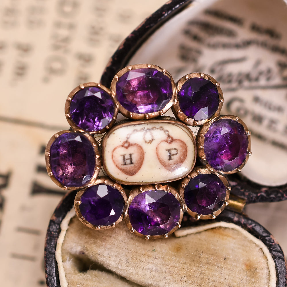 Georgian Amethyst Entwined Hearts Memorial Pin