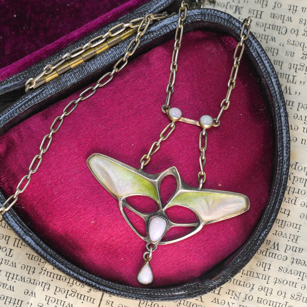 French Art Nouveau Opal & Enamel Silver Necklace