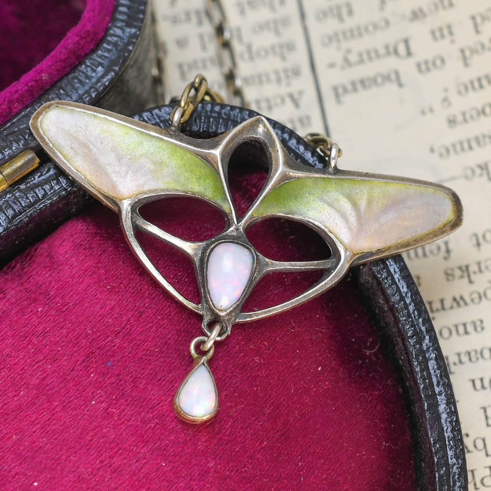 French Art Nouveau Opal & Enamel Silver Necklace