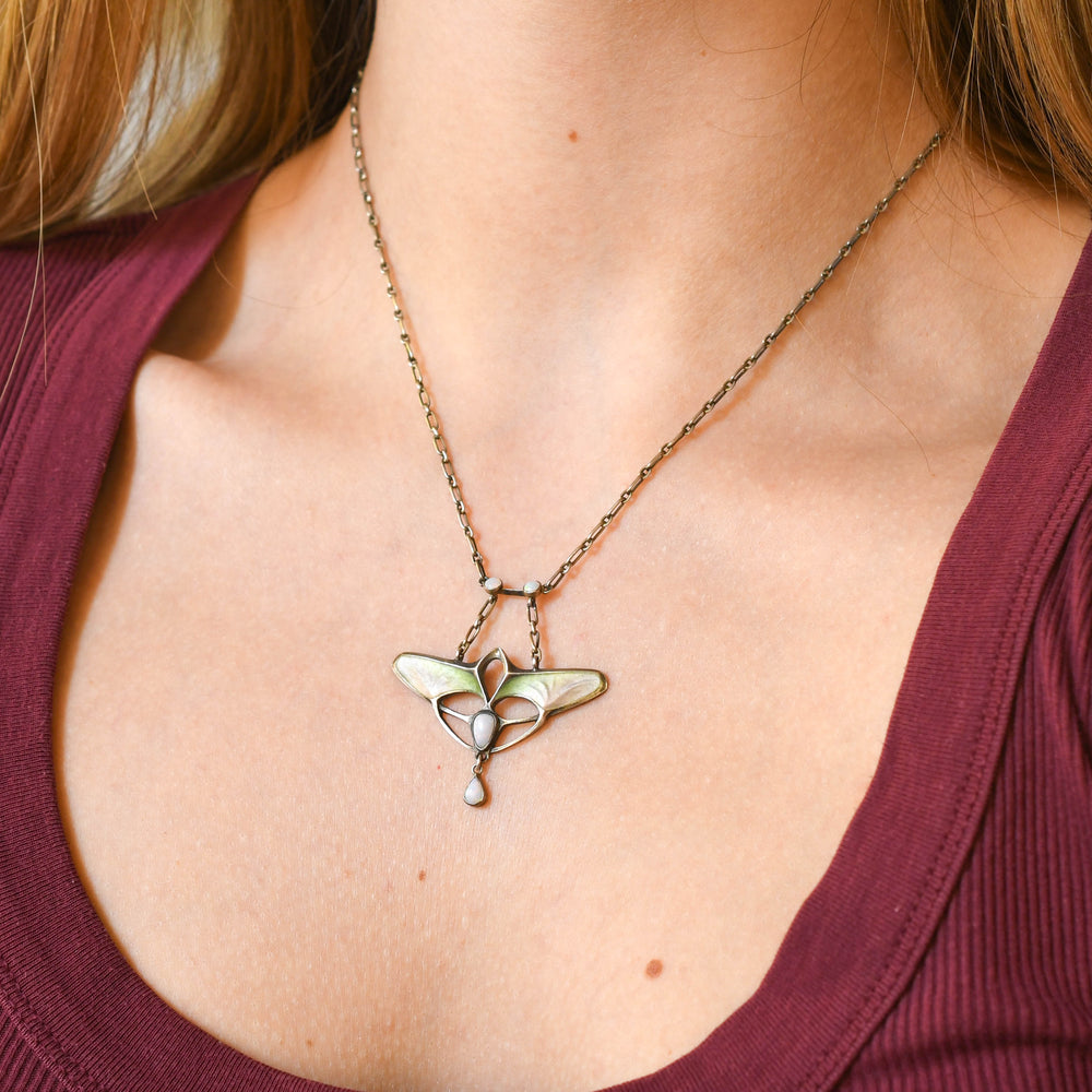 French Art Nouveau Opal & Enamel Silver Necklace