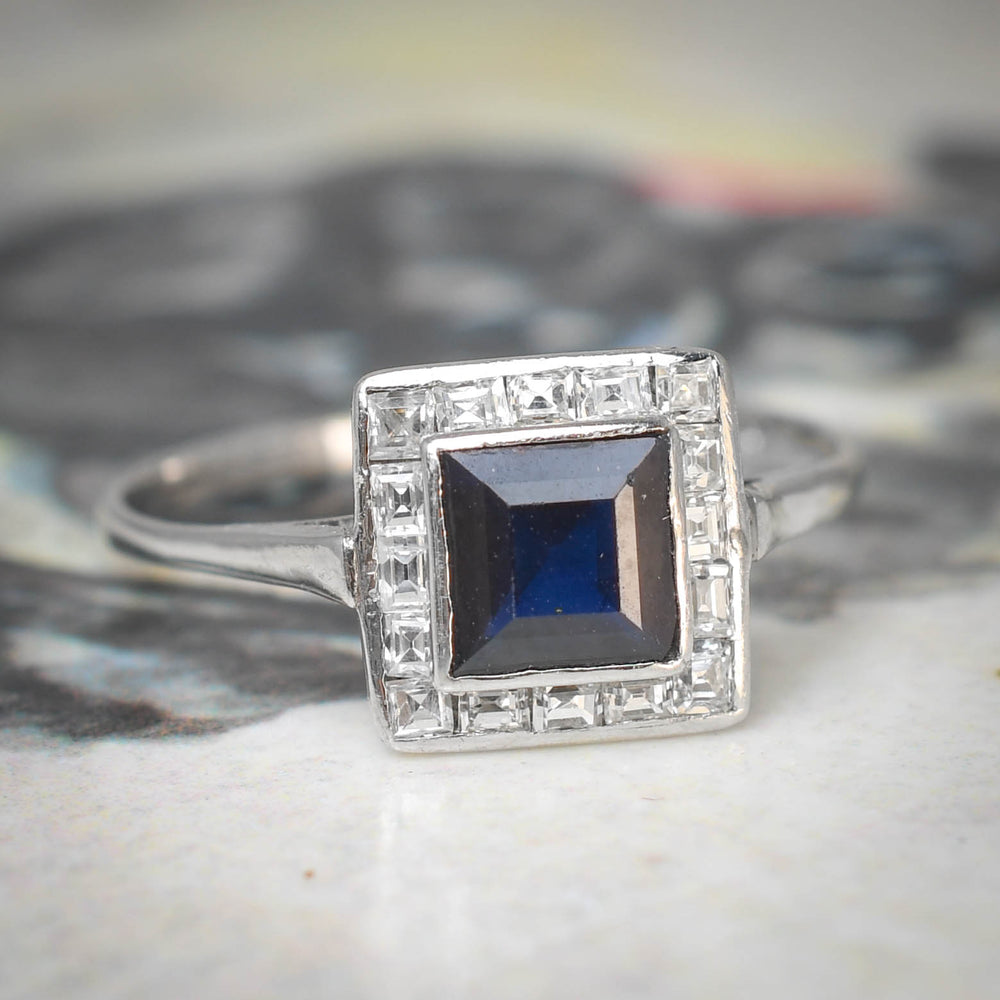 Art Deco Sapphire & Asscher Cut Diamond Square Cluster Ring