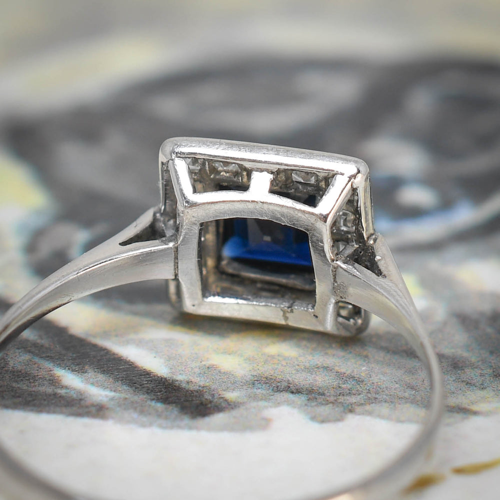 Art Deco Sapphire & Asscher Cut Diamond Square Cluster Ring