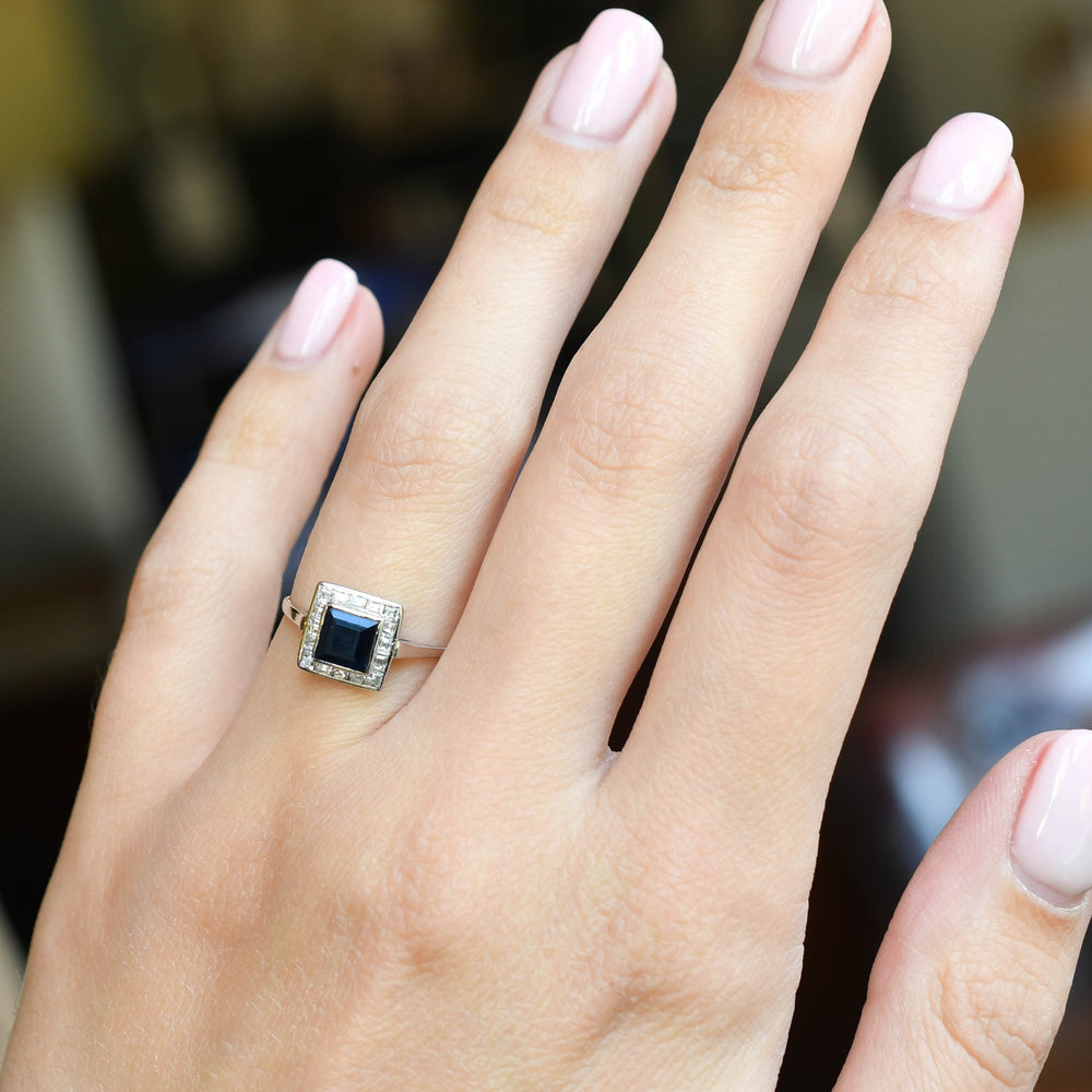 Art Deco Sapphire & Asscher Cut Diamond Square Cluster Ring