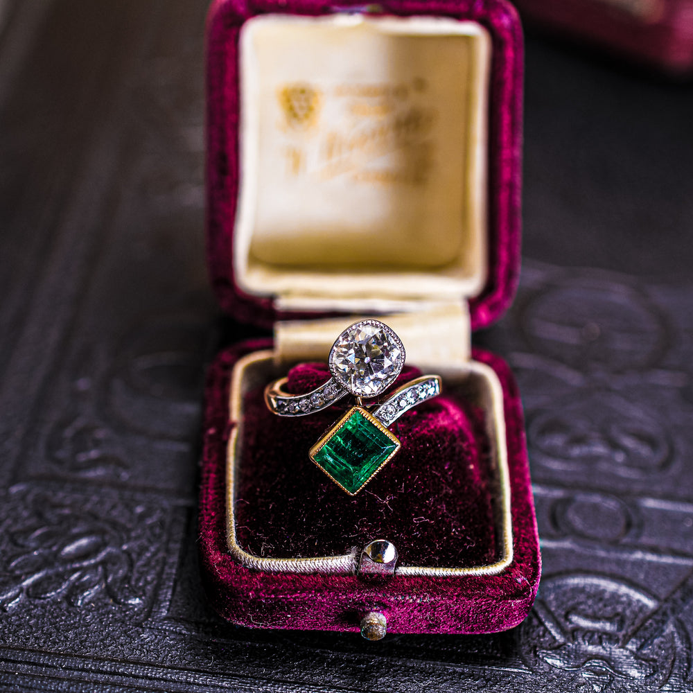 Edwardian Diamond & Colombian Emerald Engagement Ring