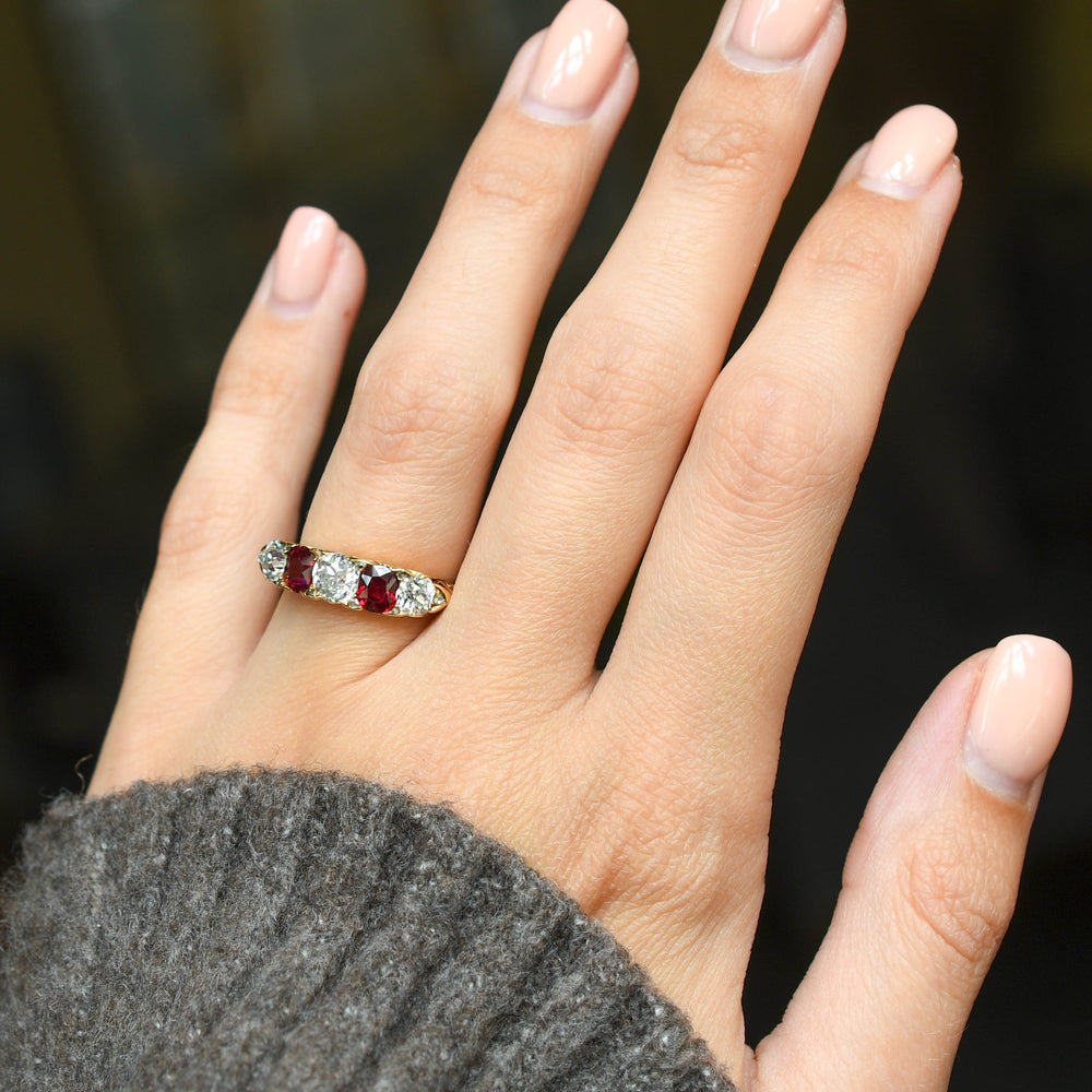 Victorian Burma Ruby & Diamond 5-Stone Half Hoop Ring