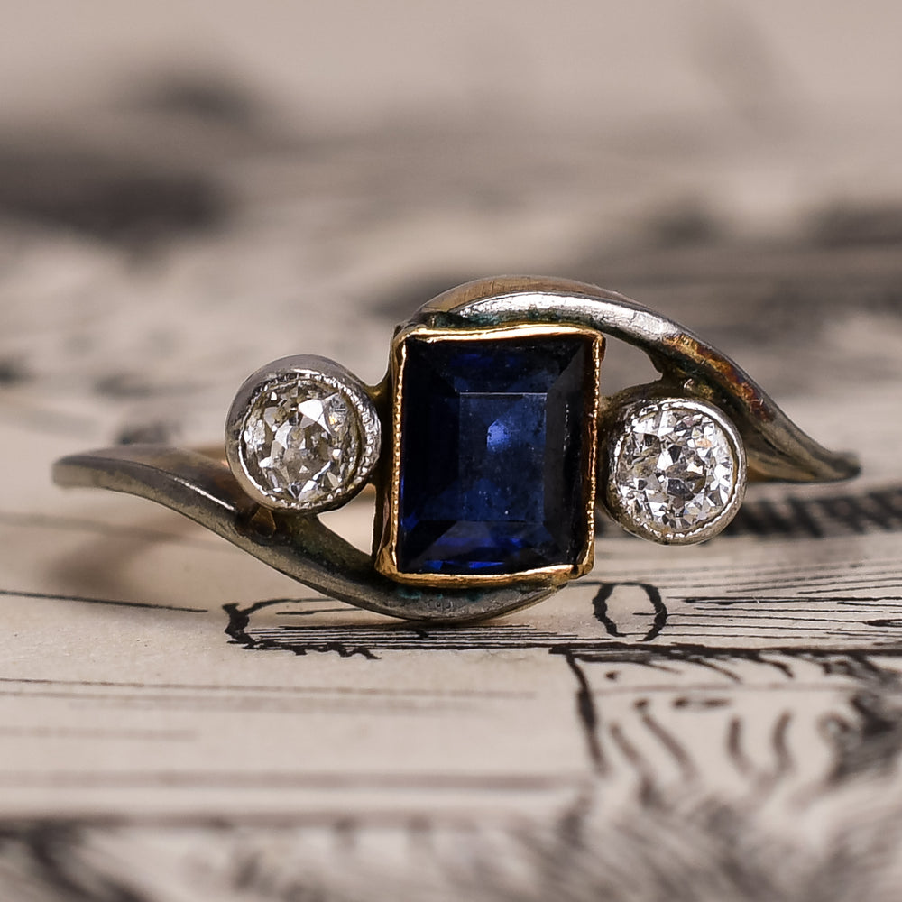 Art Nouveau Three-Stone Sapphire & Diamond Crossover Ring