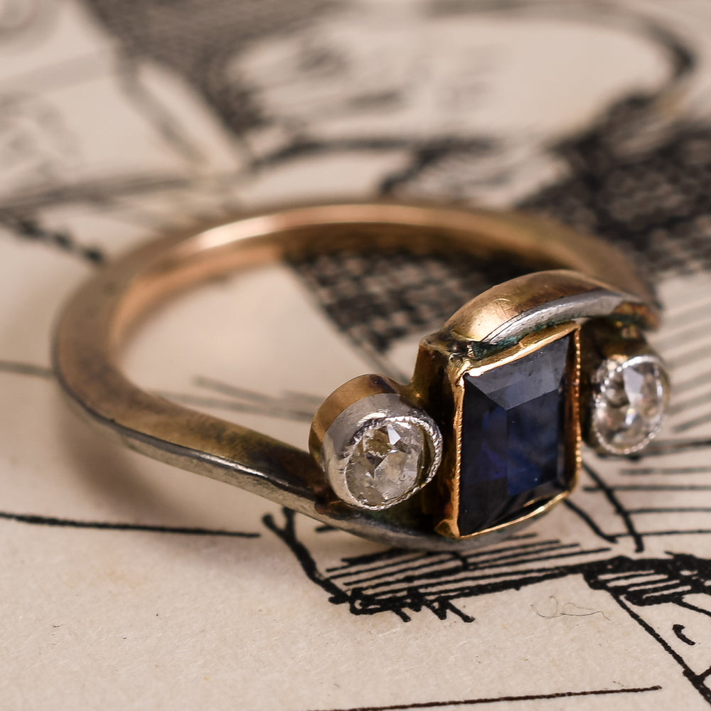 Art Nouveau Three-Stone Sapphire & Diamond Crossover Ring