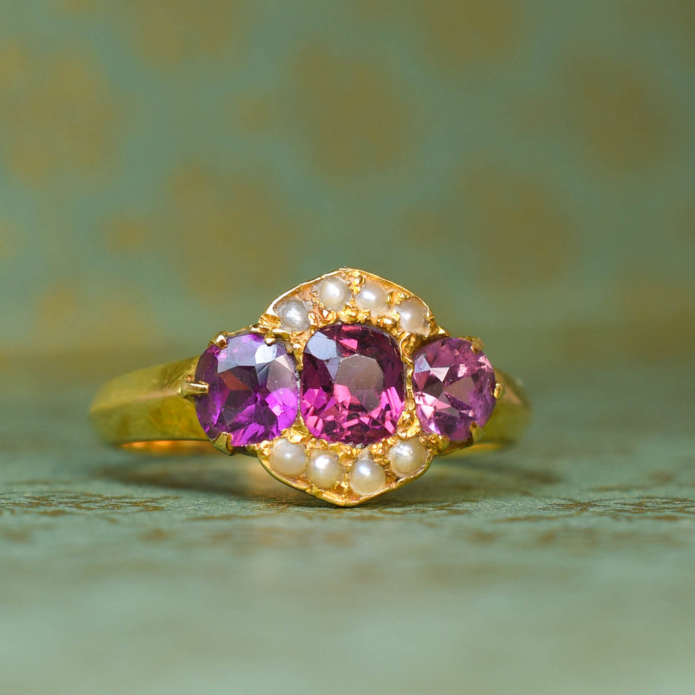 Antique 3-Stone Almandine Garnet & Pearl Cluster Ring