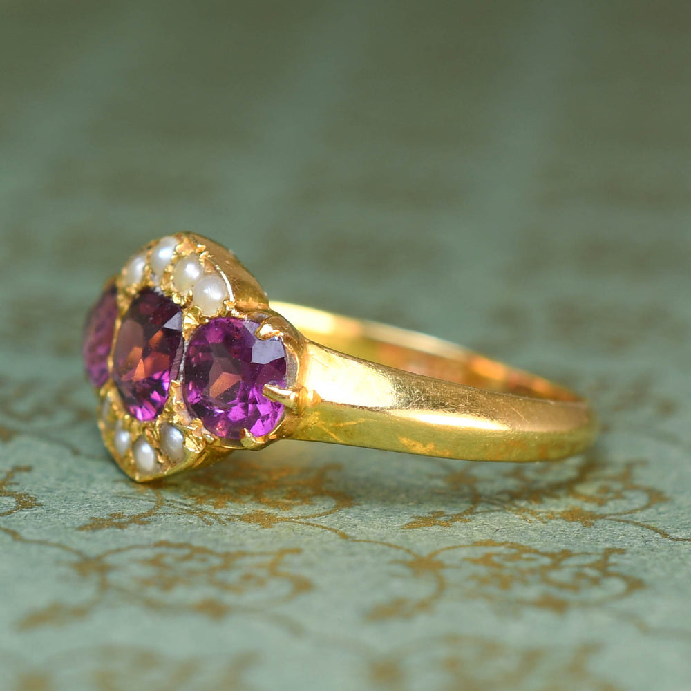 Antique 3-Stone Almandine Garnet & Pearl Cluster Ring