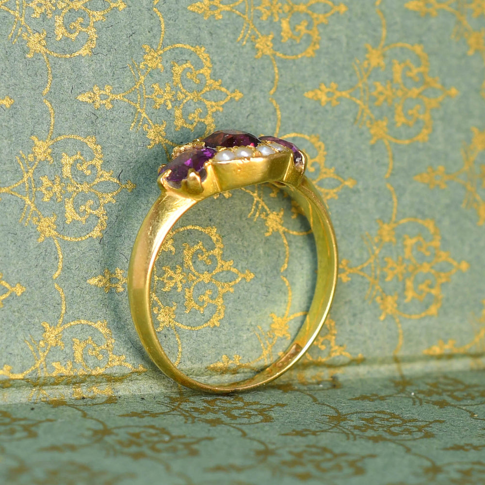 Antique 3-Stone Almandine Garnet & Pearl Cluster Ring