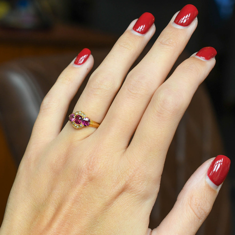 Antique 3-Stone Almandine Garnet & Pearl Cluster Ring