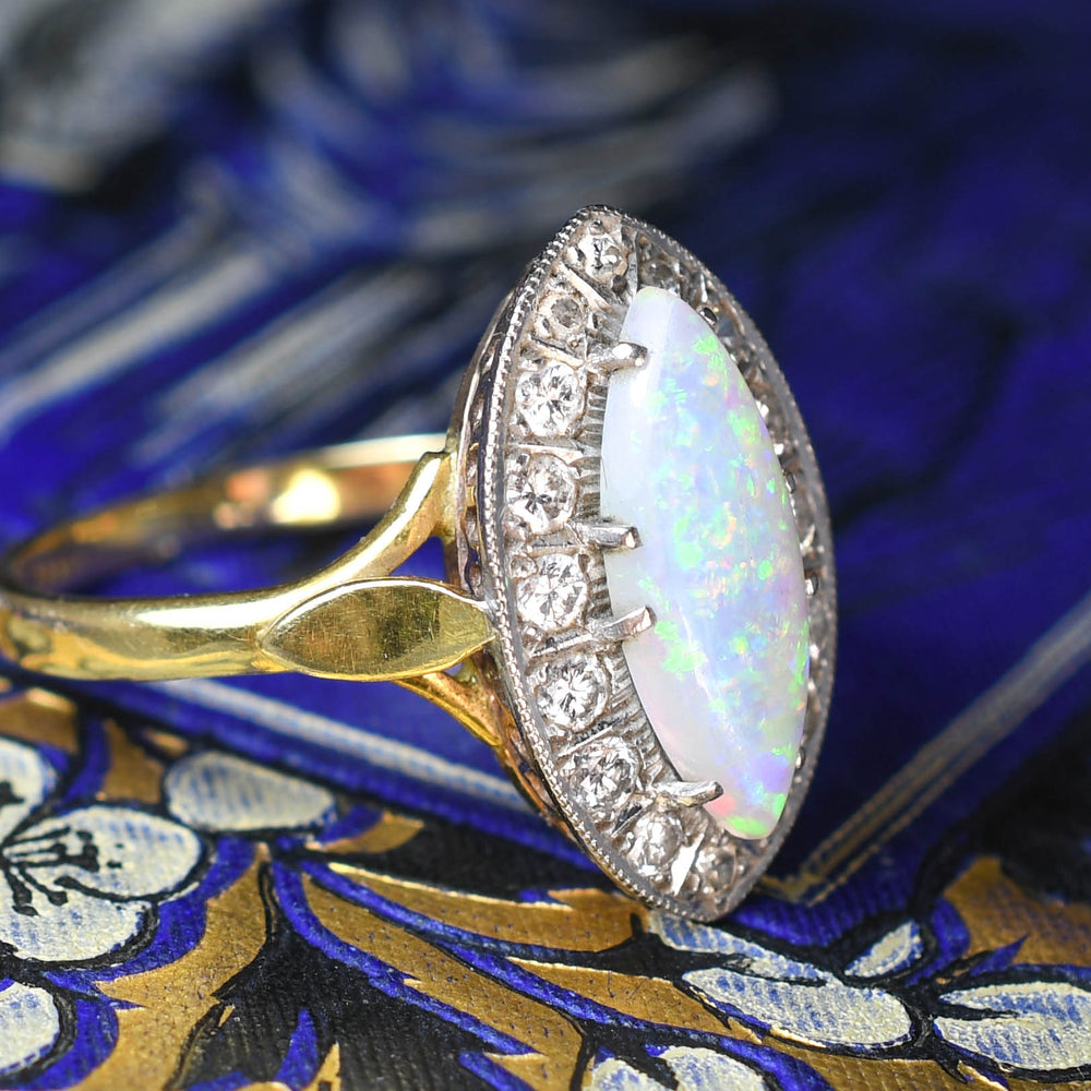 Art Deco Marquise Opal & Diamond Cluster Ring