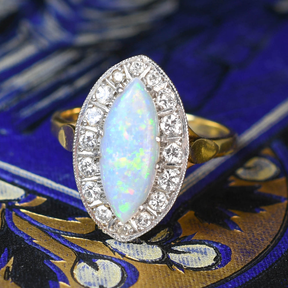 Art Deco Marquise Opal & Diamond Cluster Ring