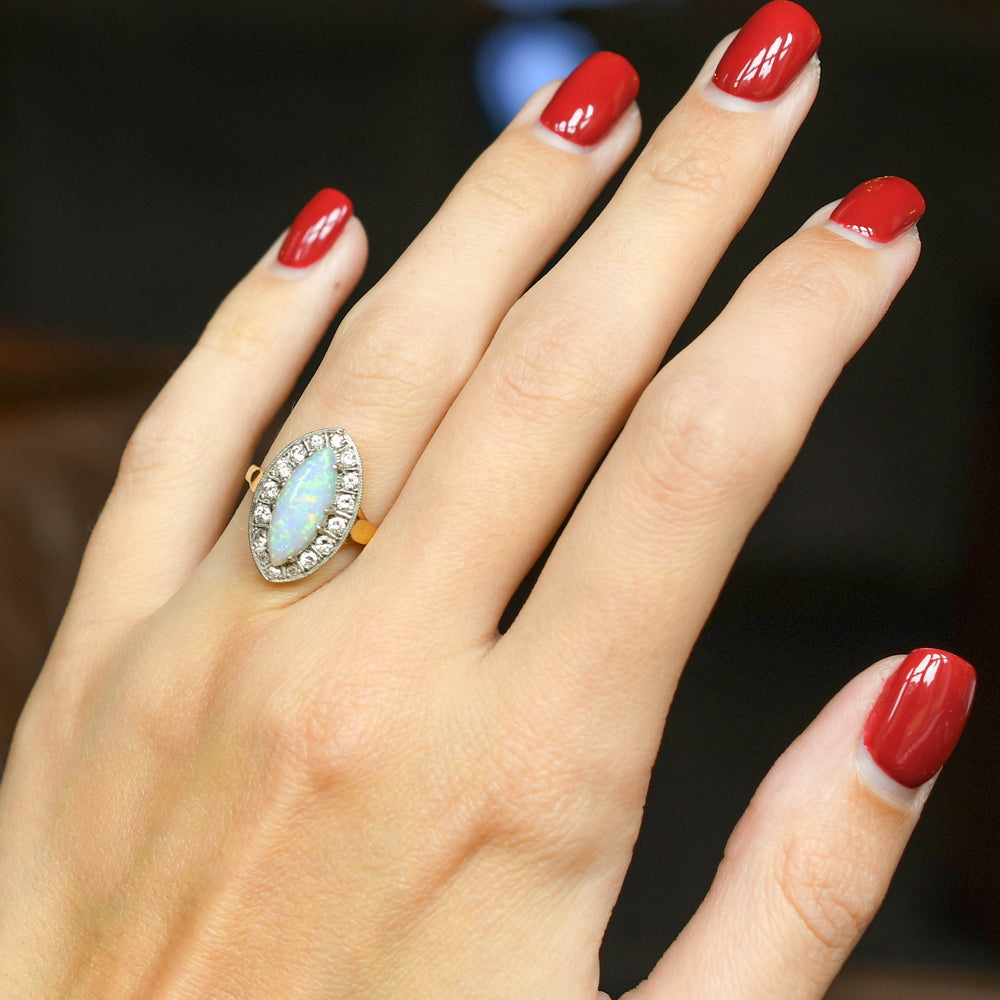 Art Deco Marquise Opal & Diamond Cluster Ring