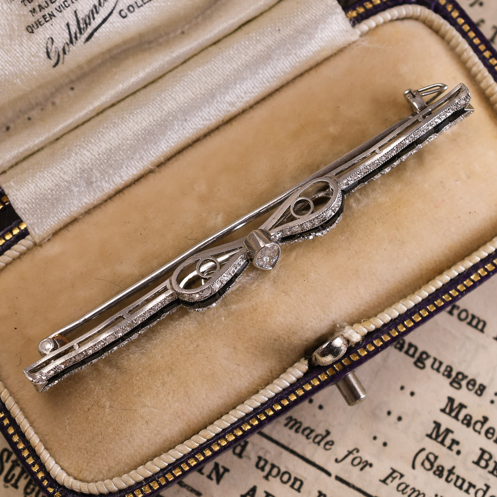 Edwardian Diamond & Onyx Bow Brooch