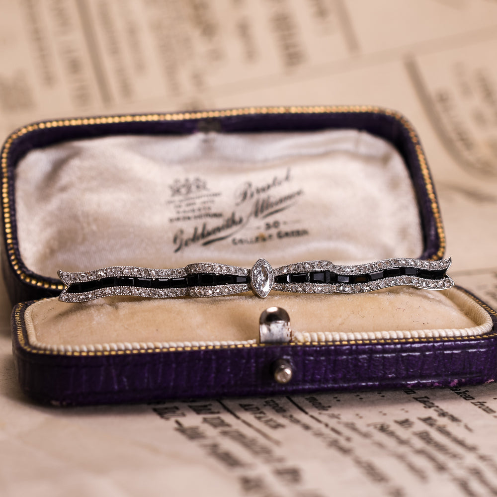 Edwardian Diamond & Onyx Bow Brooch