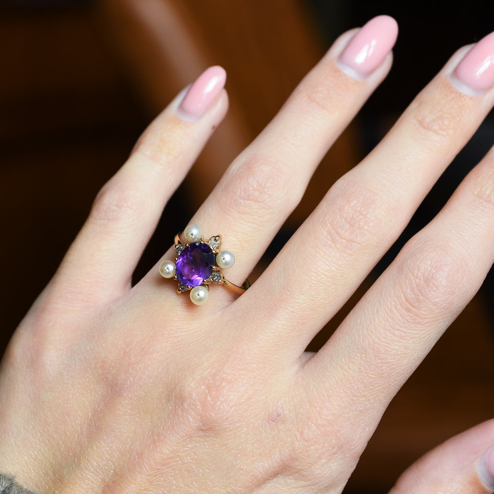 Victorian Amethyst, Pearl & Diamond Cluster Ring